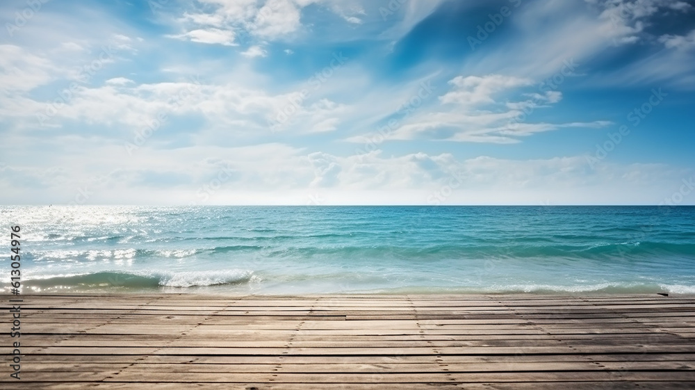 Wooden Pier Blue Sea Sky Background, Generative AI
