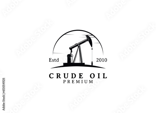 Vintage Retro Crude Oil Mining Pump Machine Silhouette Logo design