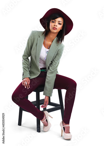 Fashion, portrait of woman on chair with hat and designer clothes isolated on transparent png background. Trendy gen z model sitting in luxury clothing brand and unique youth culture with cool style. photo