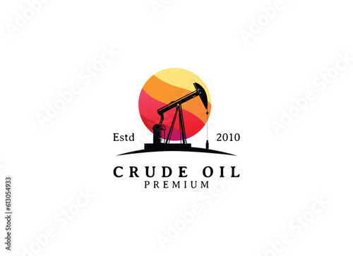 Vintage Retro Crude Oil Mining Pump Machine Silhouette Logo design