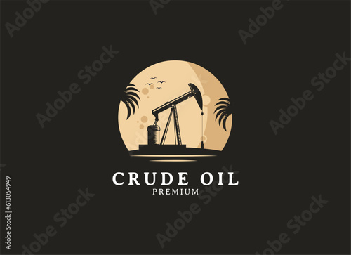 Vintage Retro Crude Oil Mining Pump Machine Silhouette Logo design