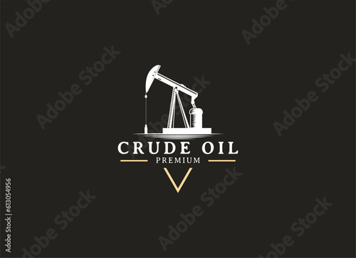 Vintage Retro Crude Oil Mining Pump Machine Silhouette Logo design