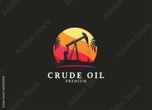 Vintage Retro Crude Oil Mining Pump Machine Silhouette Logo design