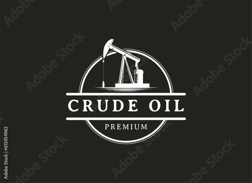 Vintage Retro Crude Oil Mining Pump Machine Silhouette Logo design