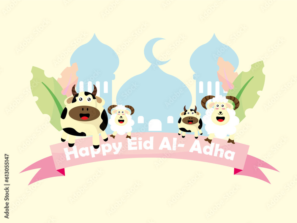Naklejka premium greeting card of eid al adha celebration. vector illustration of the day of sacrifice. with the background of the holy mosque
