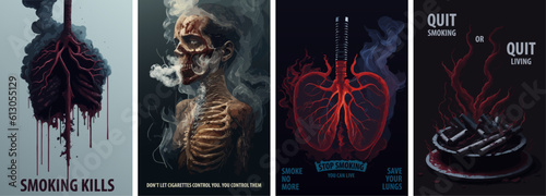 Set of vector art to stop smoking: smokestacks and lungs show the harm. Share on social media posts World No Tobacco Day and No Smoking Day. Great for poster, banner, flyer, template, layout, and post