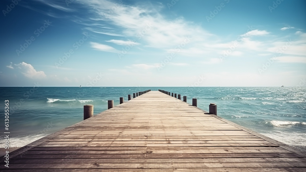 Beautiful Wooden Pier Blue Sea Sky Background, Generative AI