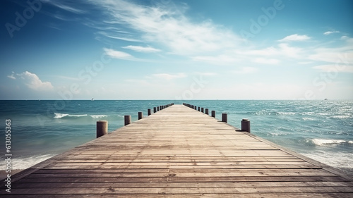 Beautiful Wooden Pier Blue Sea Sky Background, Generative AI © roeum