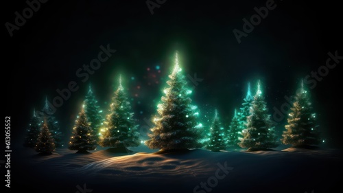 Christmas trees at night as illustration wallpaper background. Generative AI