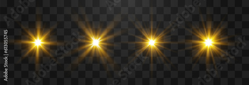 Vector transparent sunlight set. Light png. Special flash light effect. Glow light effect, bright sun or spotlight beams. Decor element isolated on transparent background.