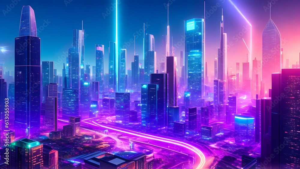 Fototapeta premium a futuristic cityscape with advanced technological infrastructure, including autonomous vehicles, smart buildings, and holographic displays created with Generative AI Technology