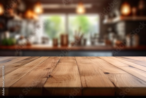 Empty Wooden Table Top with Blurred Kitchen Background