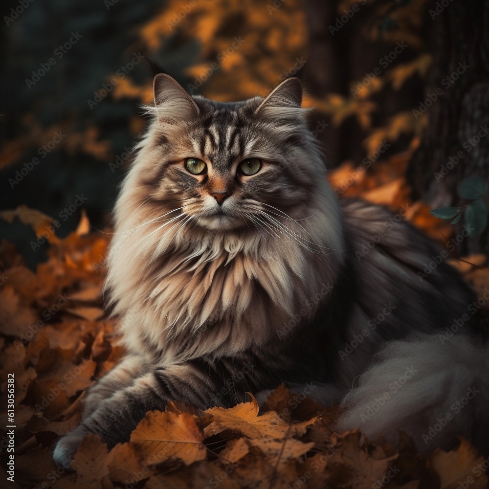 Majestic Siberian Cat on Bed of Autumn Leaves