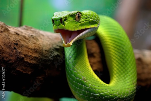 Green venomous snake on the tree. Generative AI
