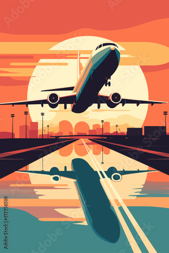 Vector vacation retro style poster with airplane taking off from the airport at the sunset. Print, cover, postcard, image, wallpaper,