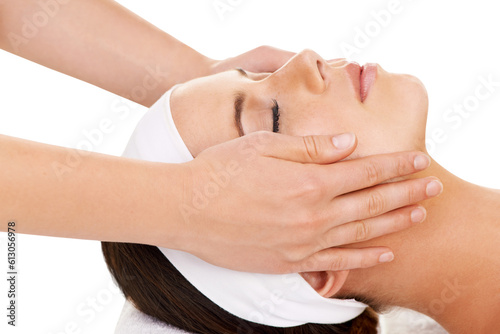 Spa, beauty and woman with a face massage for luxury self care, health or calm mindset. Cosmetic, wellness and young female person doing a facial treatment isolated by a transparent png background.