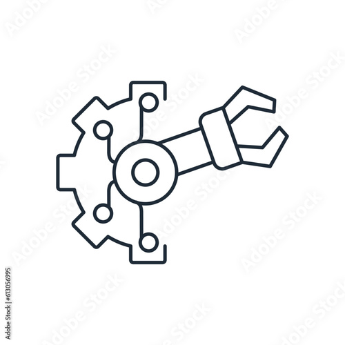 Mechanical arm with electronic automatic control.Robotization, digitalization industry.Smart manufacturing.Vector linear icon isolated on white background.