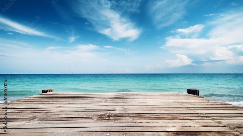 Fototapeta premium Beautiful boardwalk, footbridge, Wooden Pier Blue Sea Sky Background, Generative AI