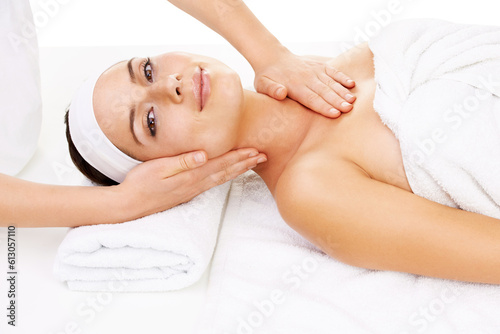 Massage, spa and face portrait of happy woman relax on beauty salon table for clinic luxury care, support or treatment. Person, hands and masseuse care service isolated on transparent, png background