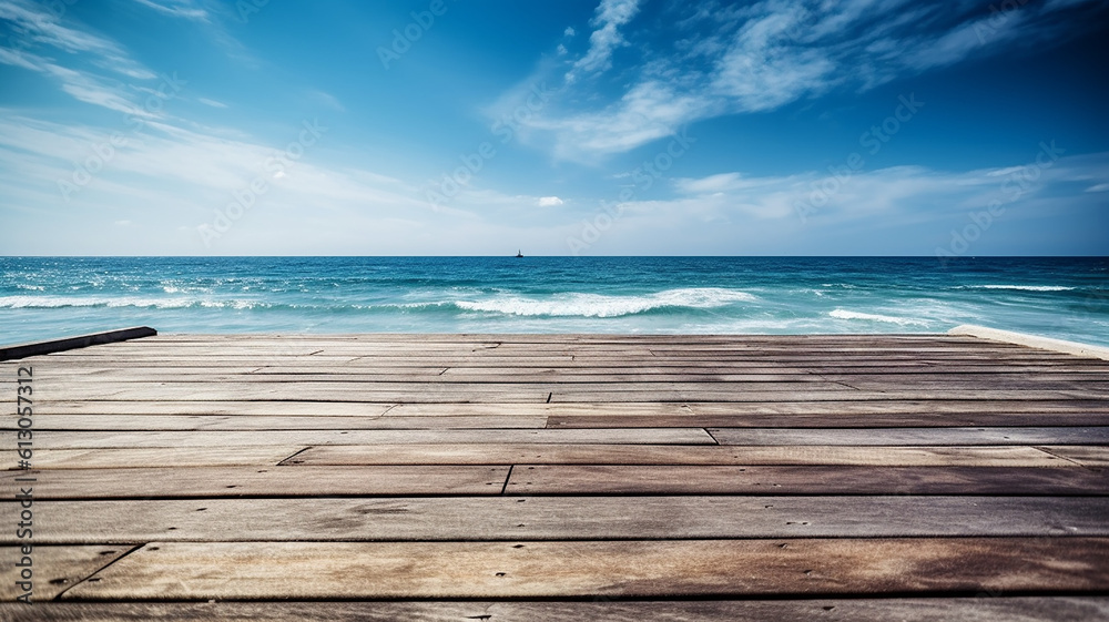 Beautiful boardwalk, footbridge, Wooden Pier Blue Sea Sky Background, Generative AI