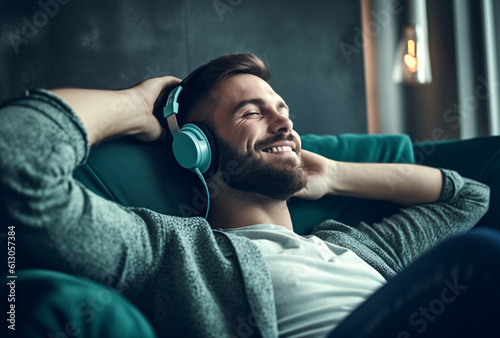 A man enjoying the music with headphones on his head while relaxing