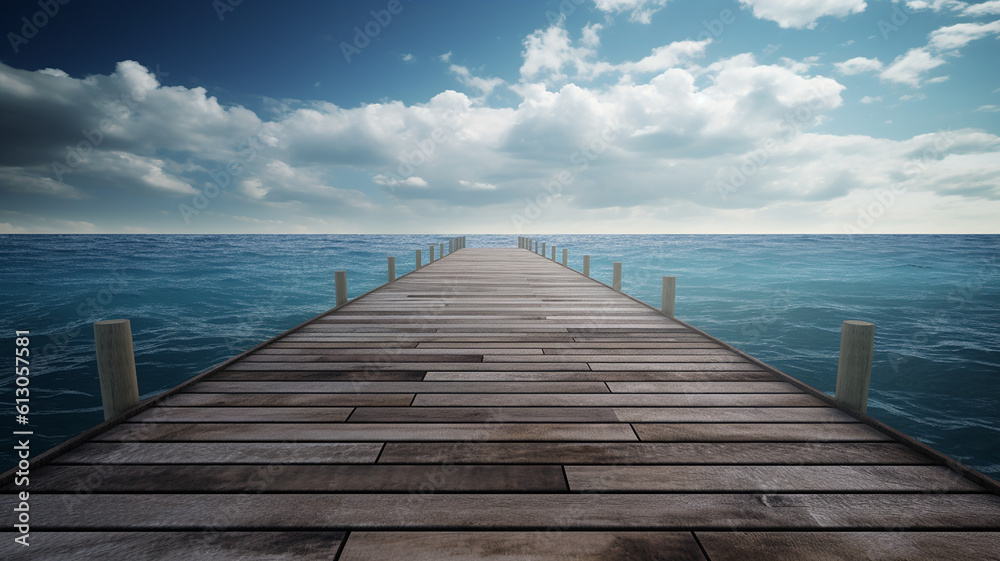 Fototapeta premium Beautiful boardwalk, footbridge, Wooden Pier Blue Sea Sky Background, Generative AI