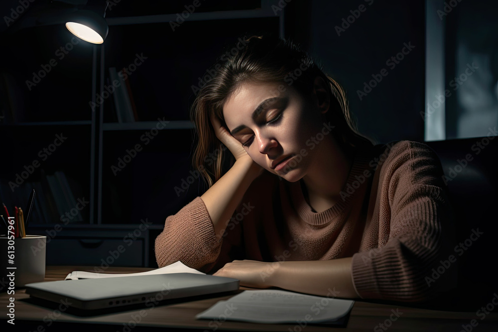Nightwork. Sleeping and tired woman sitting on her work space. Bored female working during the night. Generated Ai Nightwork. Sleeping and tired woman sitting on her work space. Bored female working during the night. Generated Ai