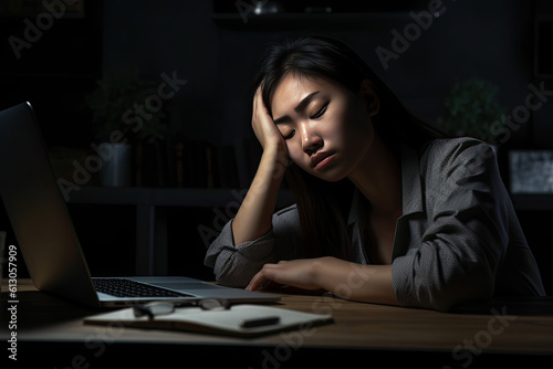 Nightwork. Sleeping and tired asian woman sitting on her work space. Bored female working during the night. Generated Ai