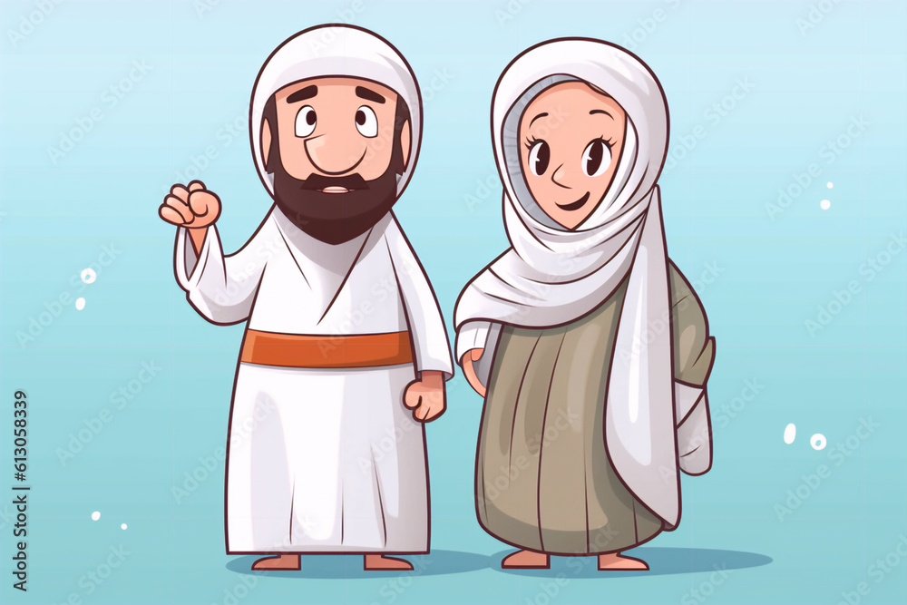 Cartoon muslim man and woman wearing ihram clothing, generative ai Cartoon muslim man and woman wearing ihram clothing, generative ai