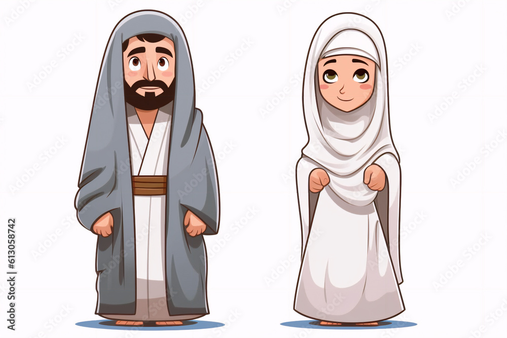 Cartoon muslim man and woman wearing ihram clothing, generative ai Cartoon muslim man and woman wearing ihram clothing, generative ai