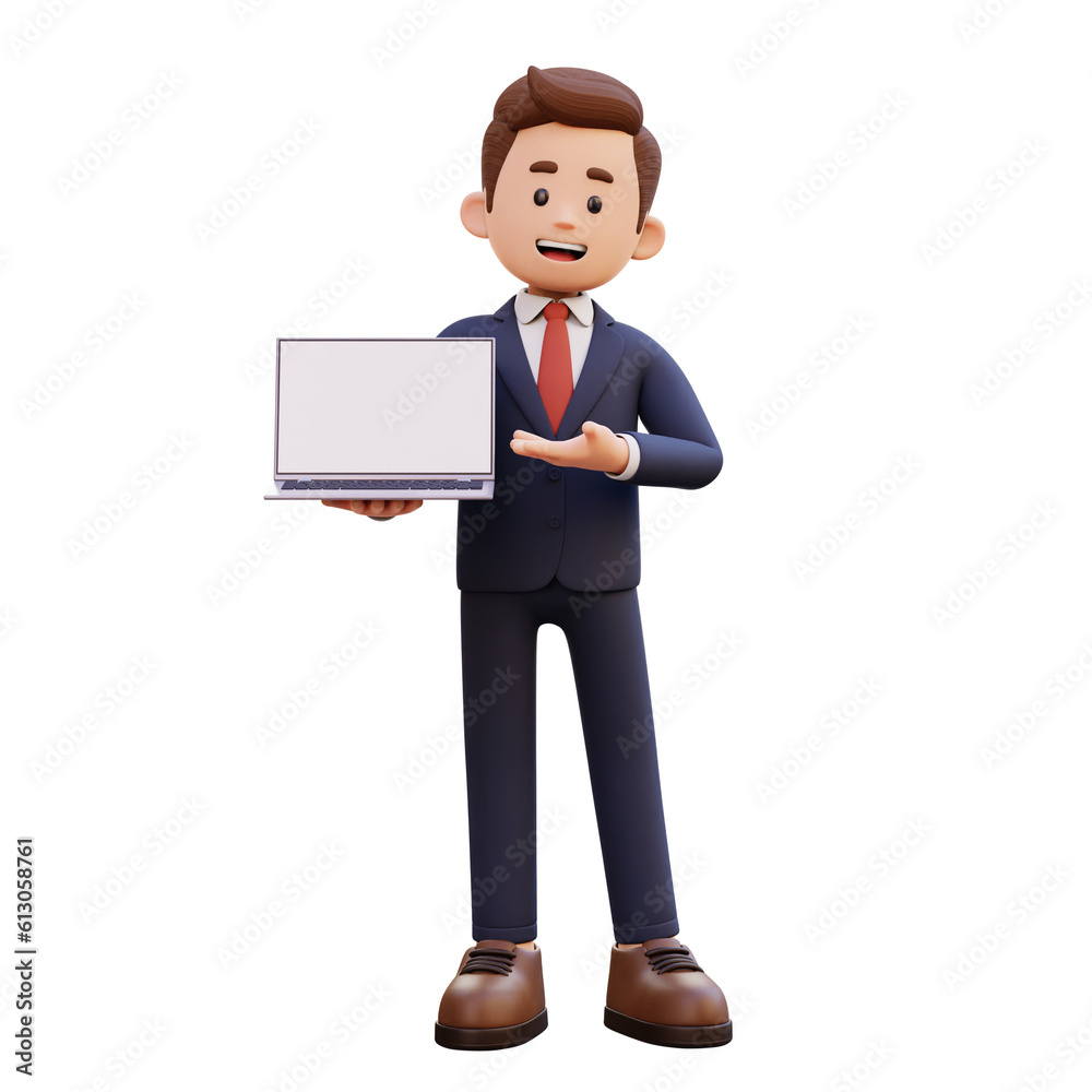 3d male character holding and presenting to a laptop with empty screen