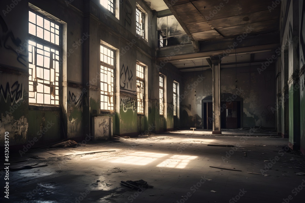 Urban Exploration: An edgy and atmospheric photo of an abandoned urban location, evoking a sense of mystery and urban decay, fitting for urban exploration blogs and art exhibitions.