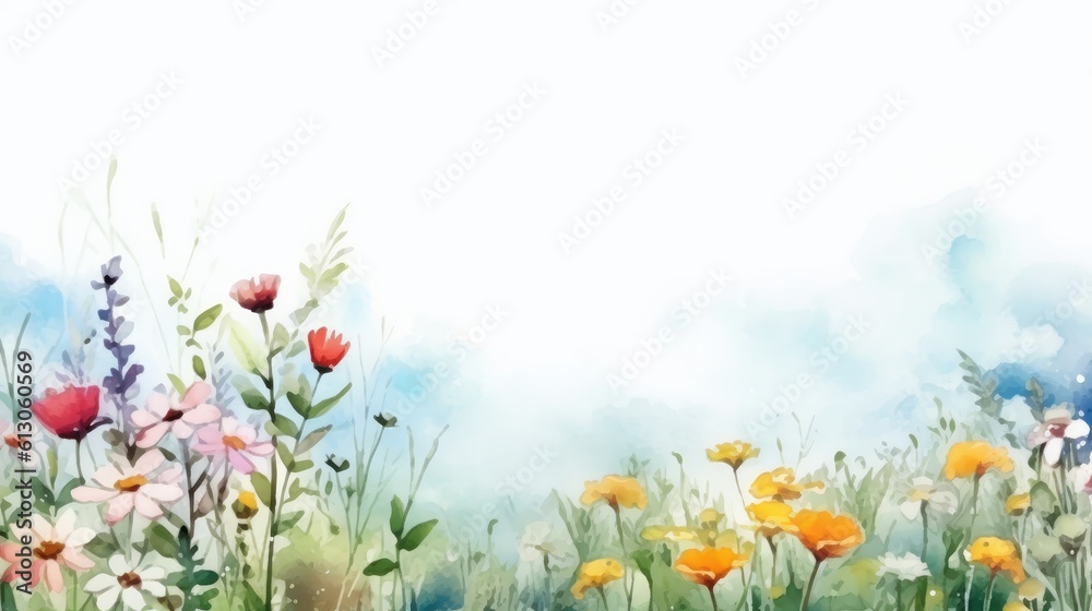 Fototapeta premium Beautiful watercolor illustration of a field. Bright wildflowers. Generative AI
