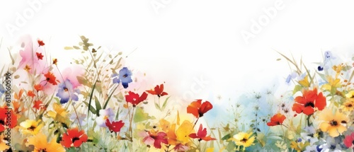 Beautiful watercolor illustration of a field. Bright wildflowers. Generative AI