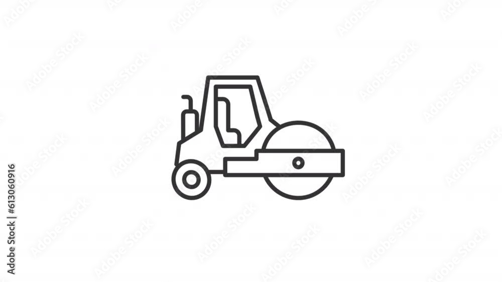 Animated compactor line icon. Compaction roller riding animation. Construction equipment. Road building. Loop HD video with alpha channel, transparent background. Outline motion graphic Animated compactor line icon. Compaction roller riding animation. Construction equipment. Road building. Loop HD video with alpha channel, transparent background. Outline motion graphic