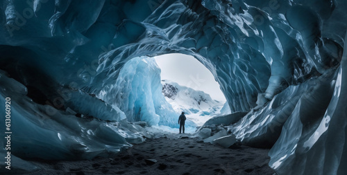 Ice cave landscape with a man standing in the ice cave