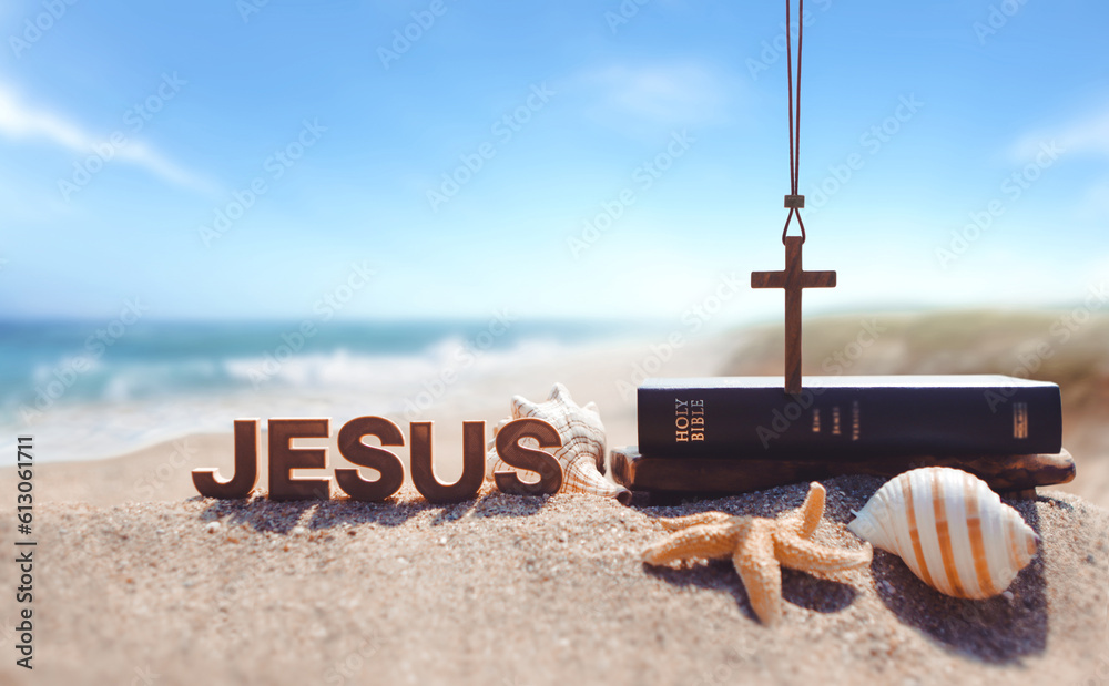 Αυτοκόλλητο Bible book, cross of Jesus Christ, conch and starfish on sea waves and sandy bea