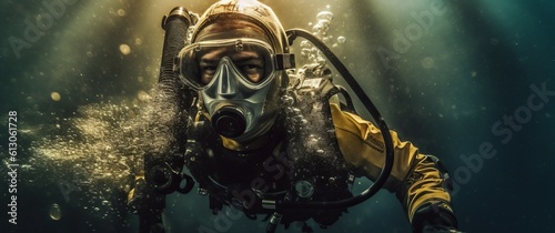 Professional firefighter diver wearing goggles for swimming. Generative AI