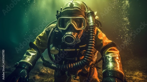 Professional firefighter diver wearing goggles for swimming. Generative AI