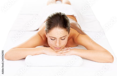 Woman, massage and spa treatment with towel, natural beauty and dermatology at wellness center. Young female person, sleeping and massage bed with relax care isolated on transparent, png background