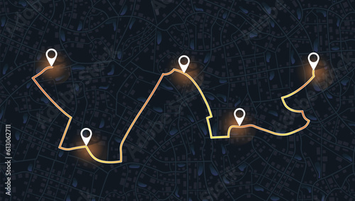 GPS navigator screen with street roads and location, destination points City top view. Online navigation. Flat style, Vector, illustration isolated. Urban highway plan, final destination