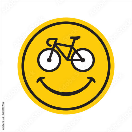 Vector yellow happy emoticon with bicycle symbol, forming eyes. Isolated on white background.