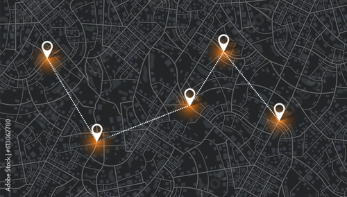 GPS navigator screen with street roads and location, destination points City top view. Online navigation. Flat style, Vector, illustration isolated. Urban highway plan, final destination