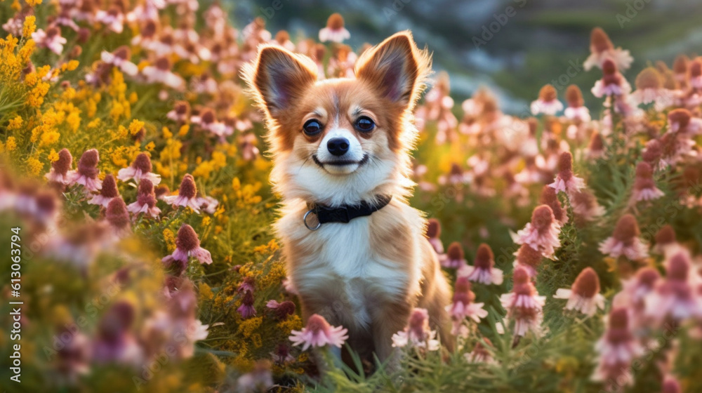 Ein Blumenfeld-Abenteuer mit einem bezaubernden Chihuahua Ein Blumenfeld-Abenteuer mit einem bezaubernden Chihuahua