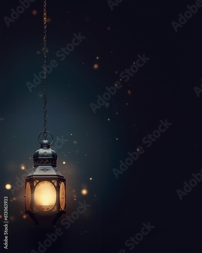 eid al fitr greeting card with a lantern. copy space. ad poster. generative ai.