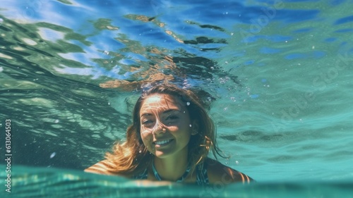 Young lady swimming joyfully underwater in a warm ocean. GENERATE AI