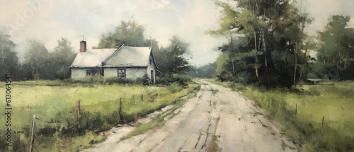 Beautiful oil painting of a country road with a house. Generative AI