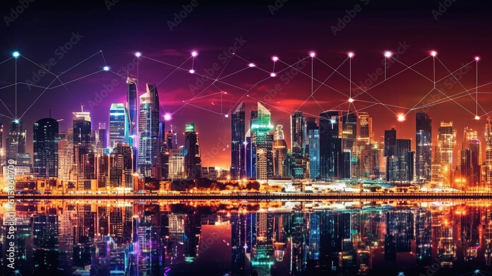 The notion of a modern city includes a wireless network link.Concept of wireless network and connection technologies against a nighttime cityscape. GENERATE AI