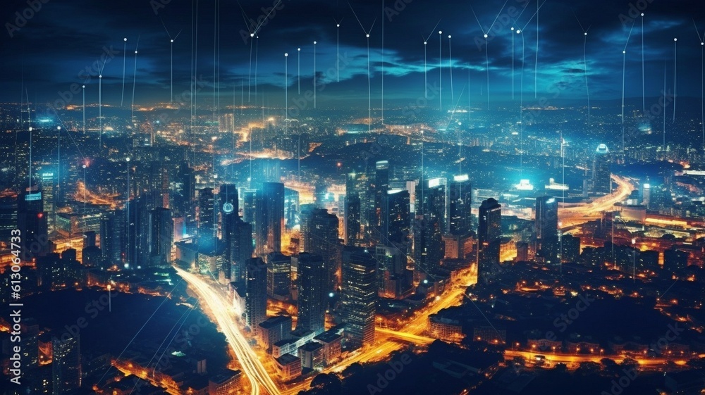 The notion of a modern city includes a wireless network link.Concept of wireless network and connection technologies against a nighttime cityscape. GENERATE AI
