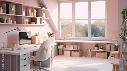 This modern workspace's blush pink and crisp white surfaces are lit by natural light. GENERATE AI © Sawitree88